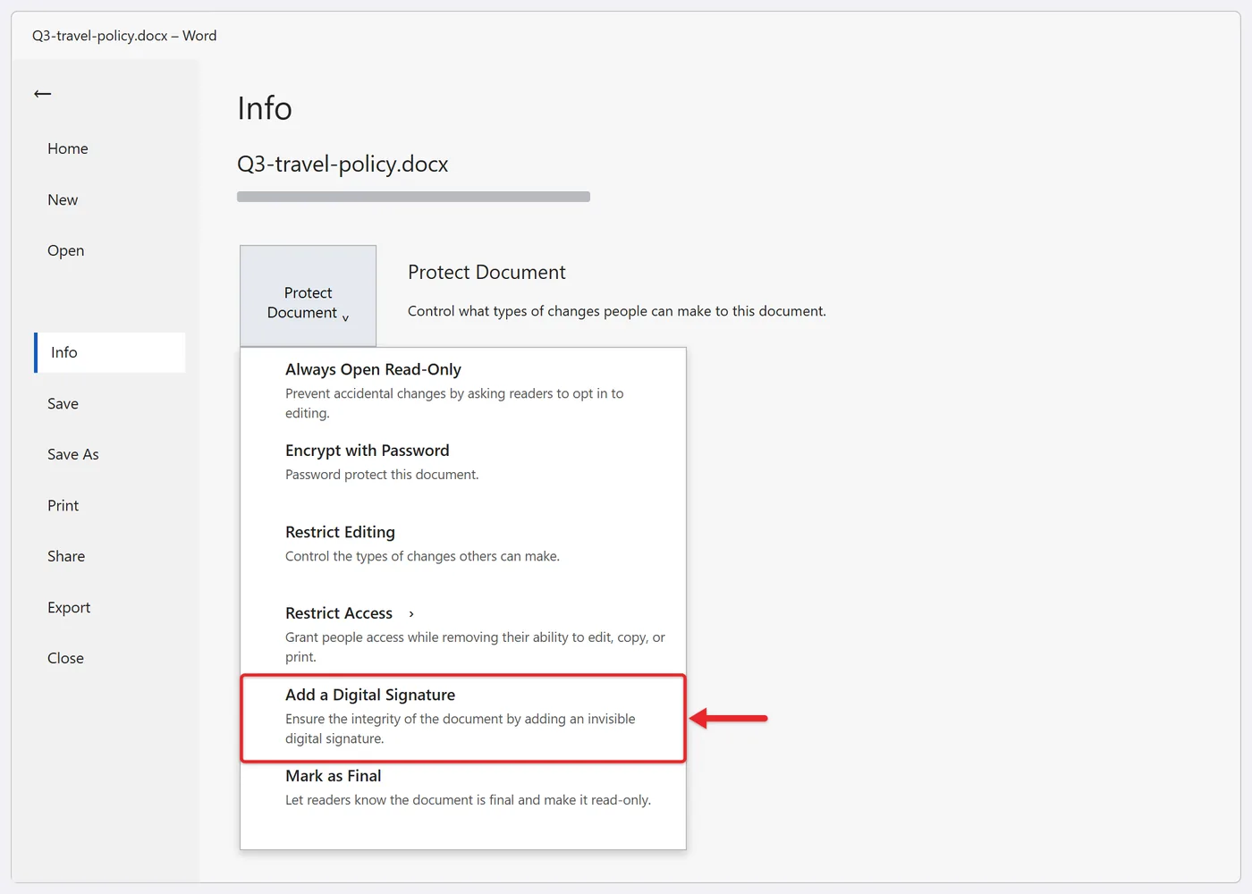 How to Insert a Digital Signature in Word 3 Protect Document menu on Word's File > Info screen with Add a Digital Signature highlighted