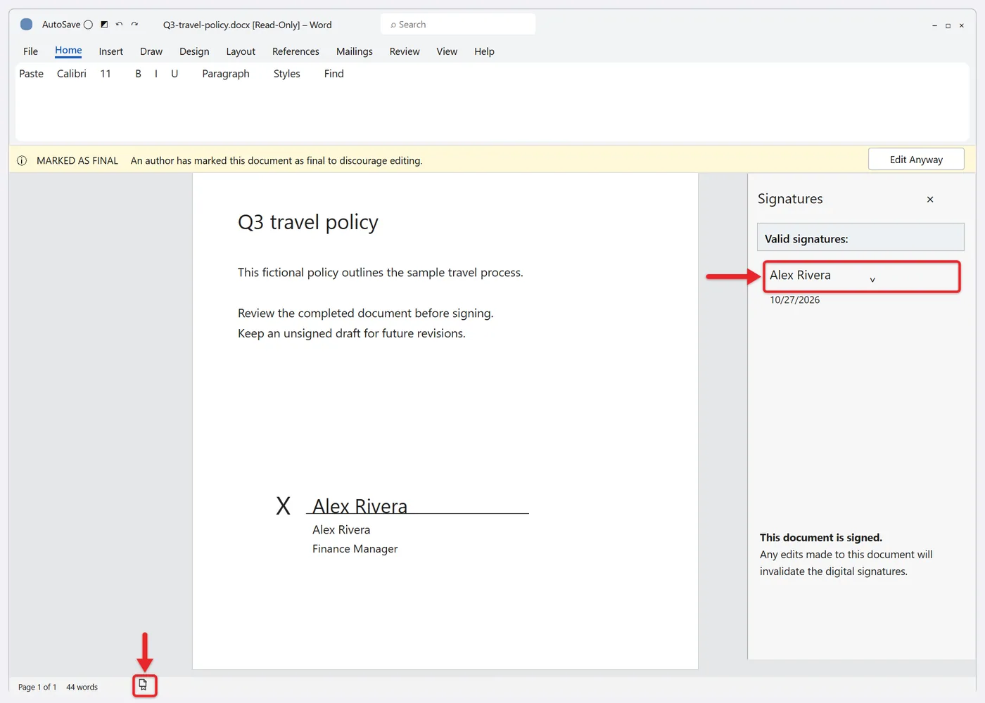 How to Insert a Digital Signature in Word 4 Signed Word document with the Signatures pane listing a valid signature and the Signatures button in the status bar