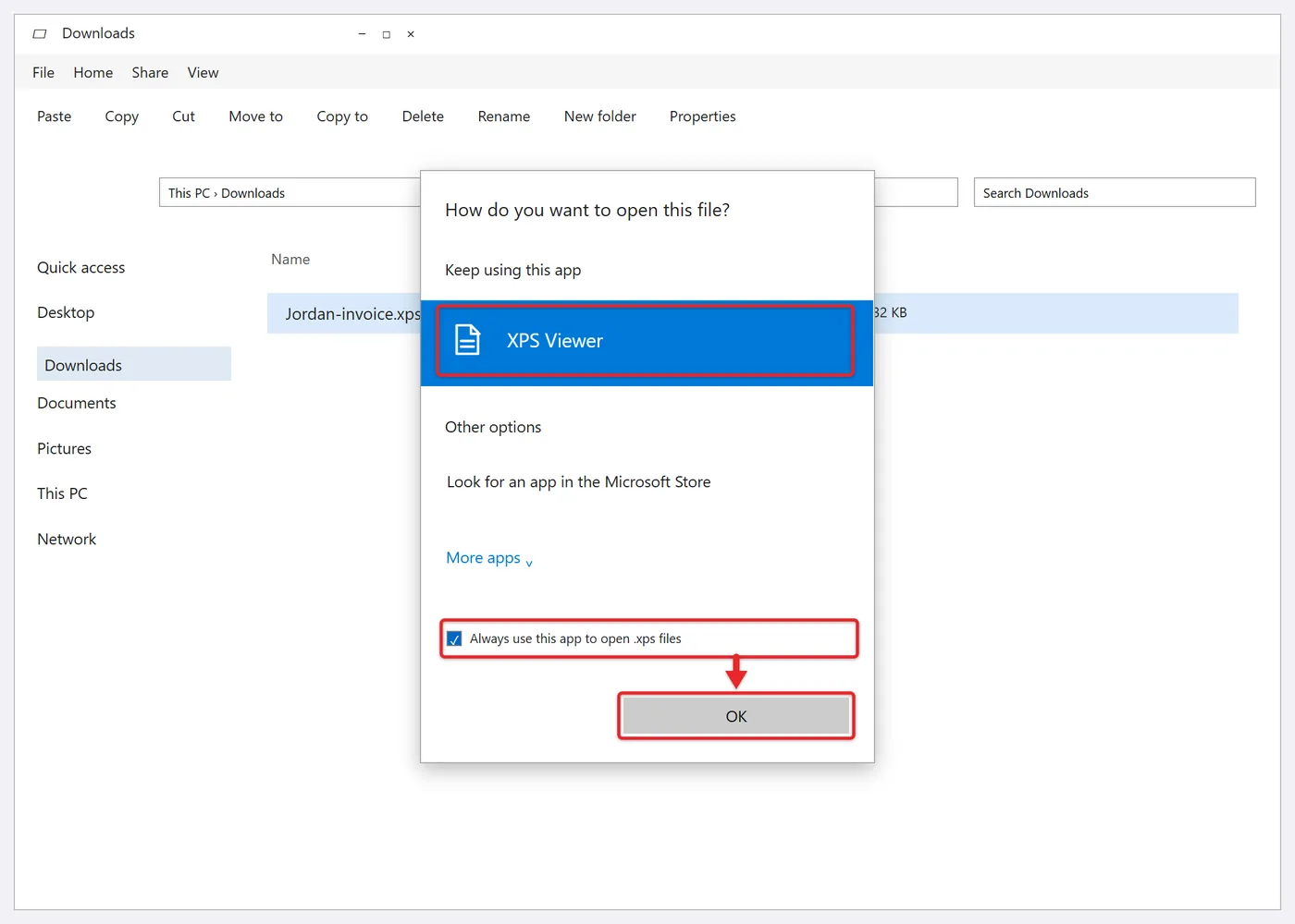 How to Open an XPS File in Windows 10 2 How do you want to open this file dialog with XPS Viewer selected and Always use this app to open .xps files checked