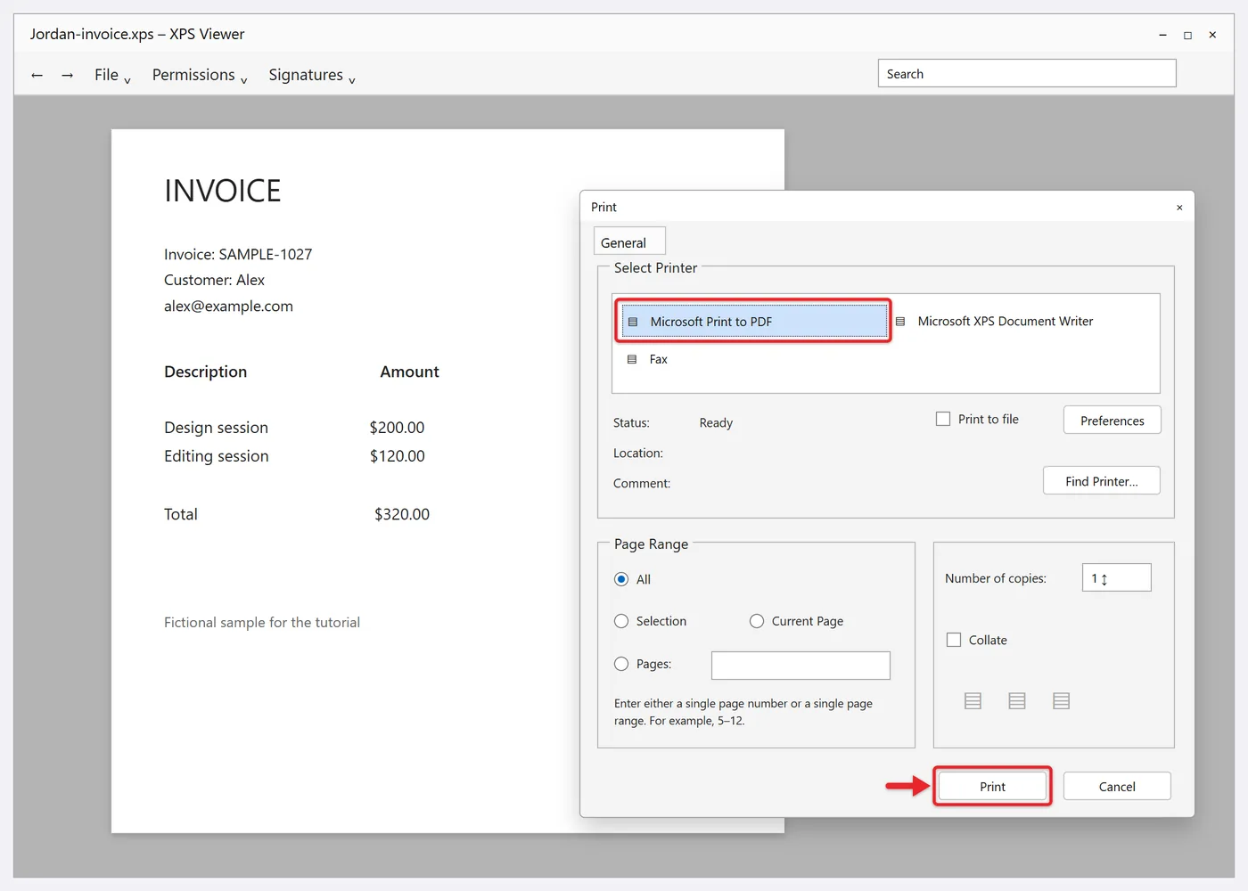 How to Open an XPS File in Windows 10 3 XPS Viewer Print dialog in Windows 10 with Microsoft Print to PDF selected as the printer