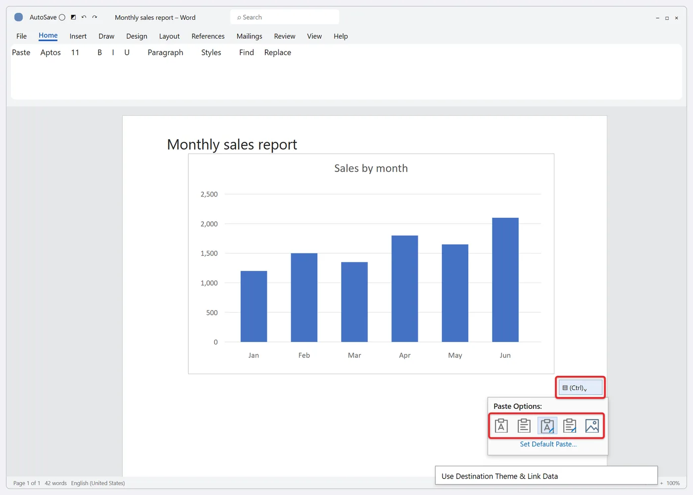 How to Copy a Graph from Excel to Word 2 Word Paste Options menu showing five icons for embedding, linking or pasting a chart as a picture