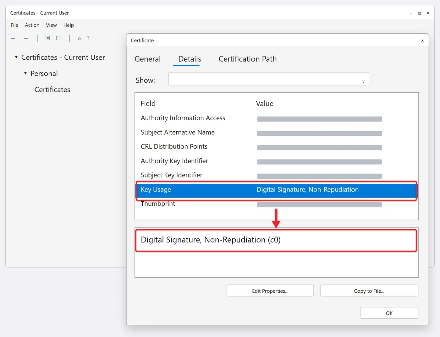 How to Digitally Sign a PDF with a CAC Card on Windows 10 1 Certificate Manager showing a CAC signature certificate's Key Usage set to Digital Signature and Non-Repudiation