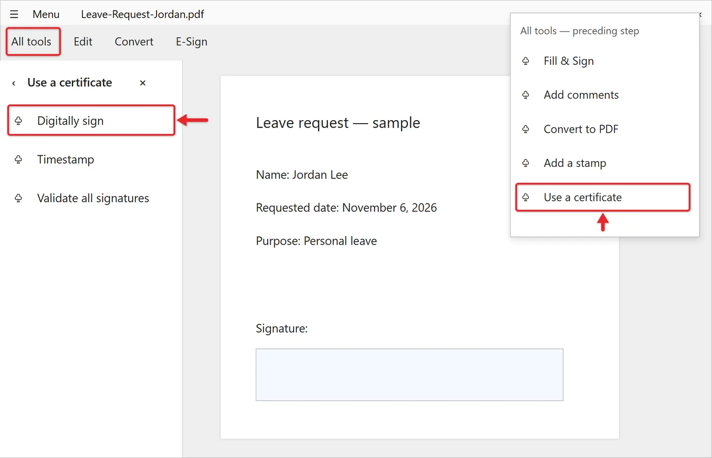 How to Digitally Sign a PDF with a CAC Card on Windows 10 2 Acrobat Reader All tools pane with Use a certificate expanded and Digitally sign highlighted