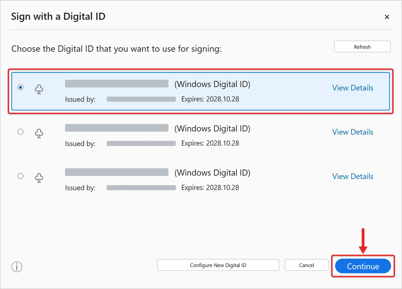 How to Digitally Sign a PDF with a CAC Card on Windows 10 3 Acrobat digital ID selection window listing CAC certificates with the signing certificate selected