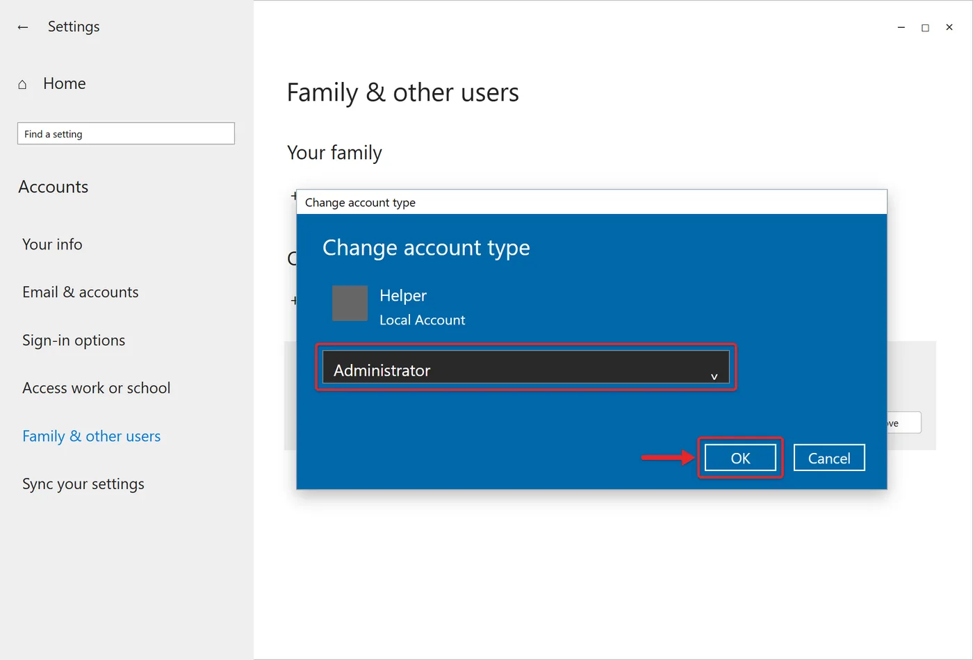 How to Recreate a User Profile in Windows 10 1 Change account type dialog in Windows 10 Settings with Administrator selected for the Helper account