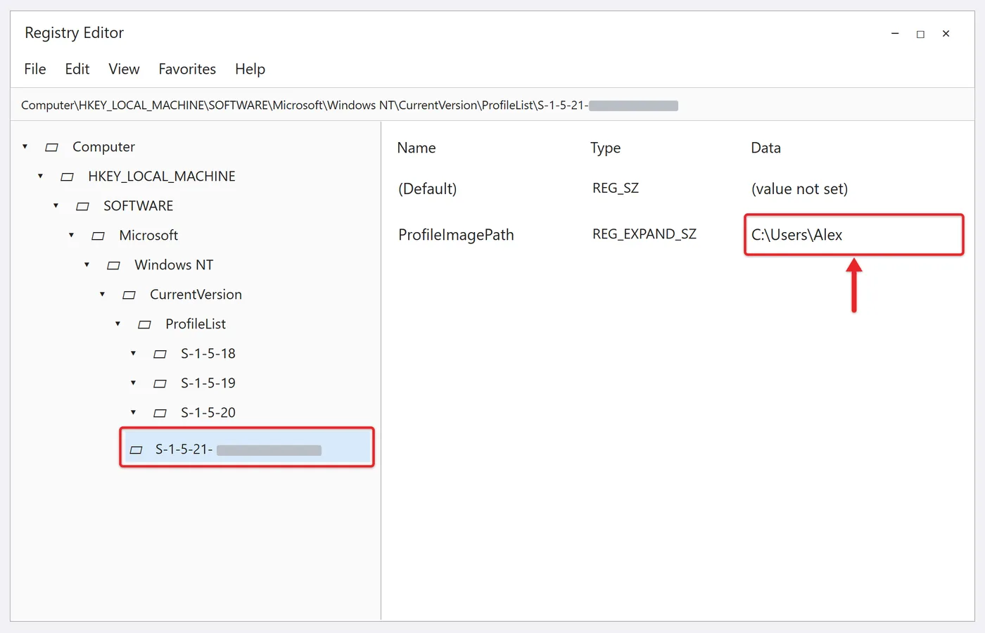 How to Recreate a User Profile in Windows 10 2 Registry Editor ProfileList key with ProfileImagePath showing C:\Users\Alex