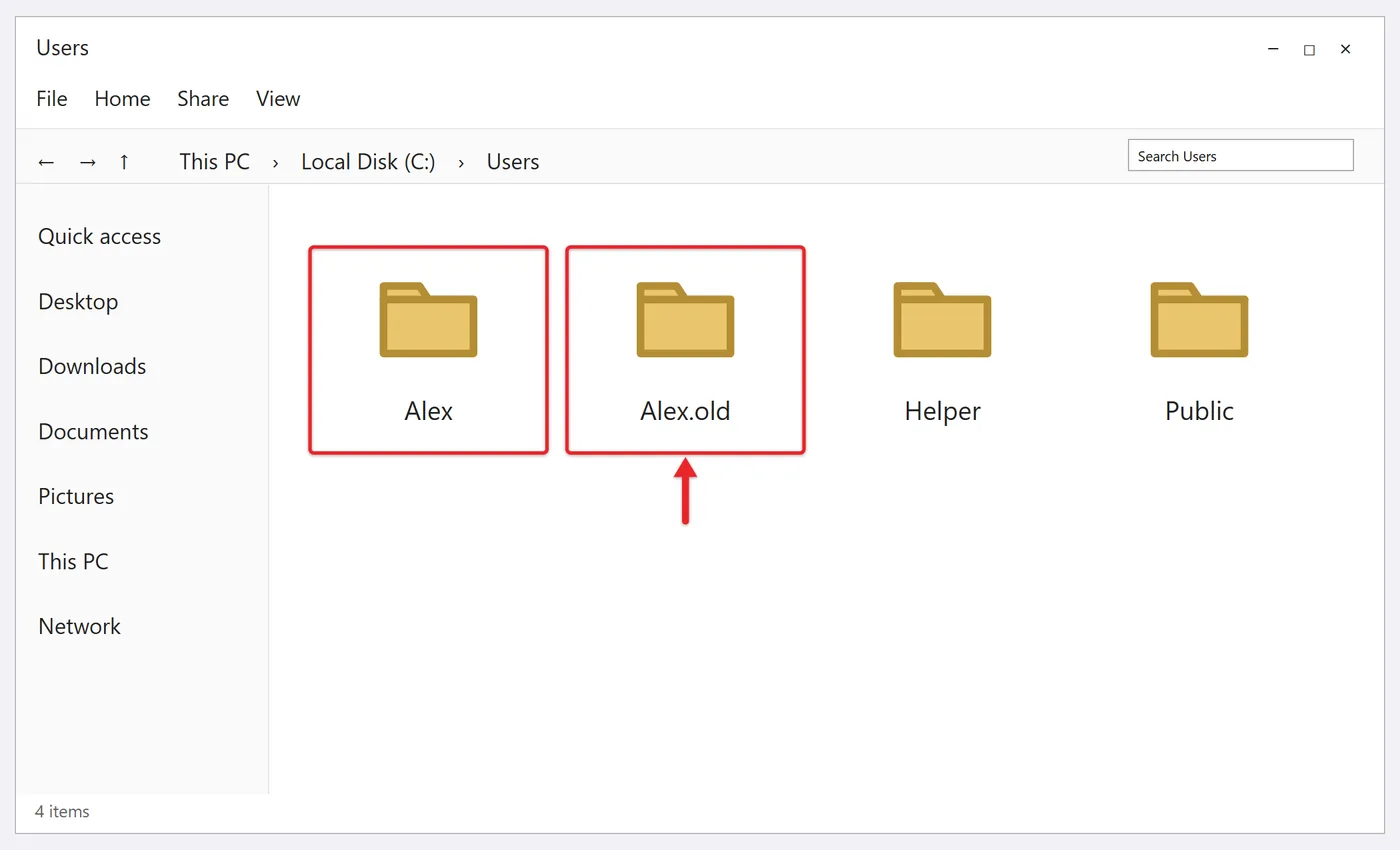 How to Recreate a User Profile in Windows 10 3 File Explorer Users folder showing the new Alex profile folder next to Alex.old
