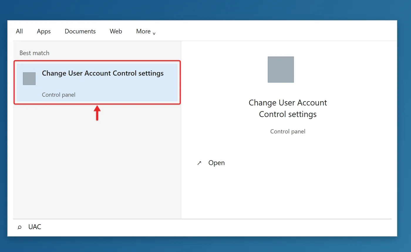 How to Turn Off User Account Control on Windows 10 1 Windows 10 Start search showing Change User Account Control settings as the best match for UAC