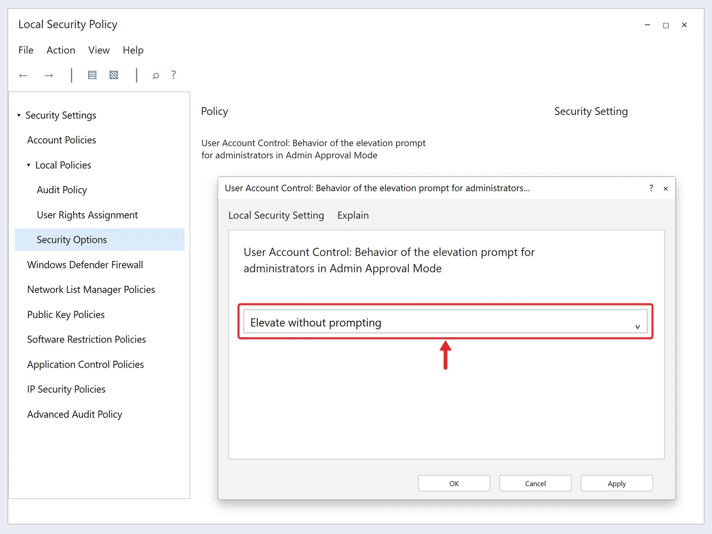 How to Turn Off User Account Control on Windows 10 3 Local Security Policy dialog with Elevate without prompting chosen for the UAC administrator elevation prompt policy