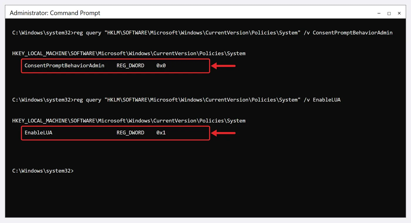 How to Turn Off User Account Control on Windows 10 4 Administrator Command Prompt showing ConsentPromptBehaviorAdmin set to 0 and EnableLUA set to 1