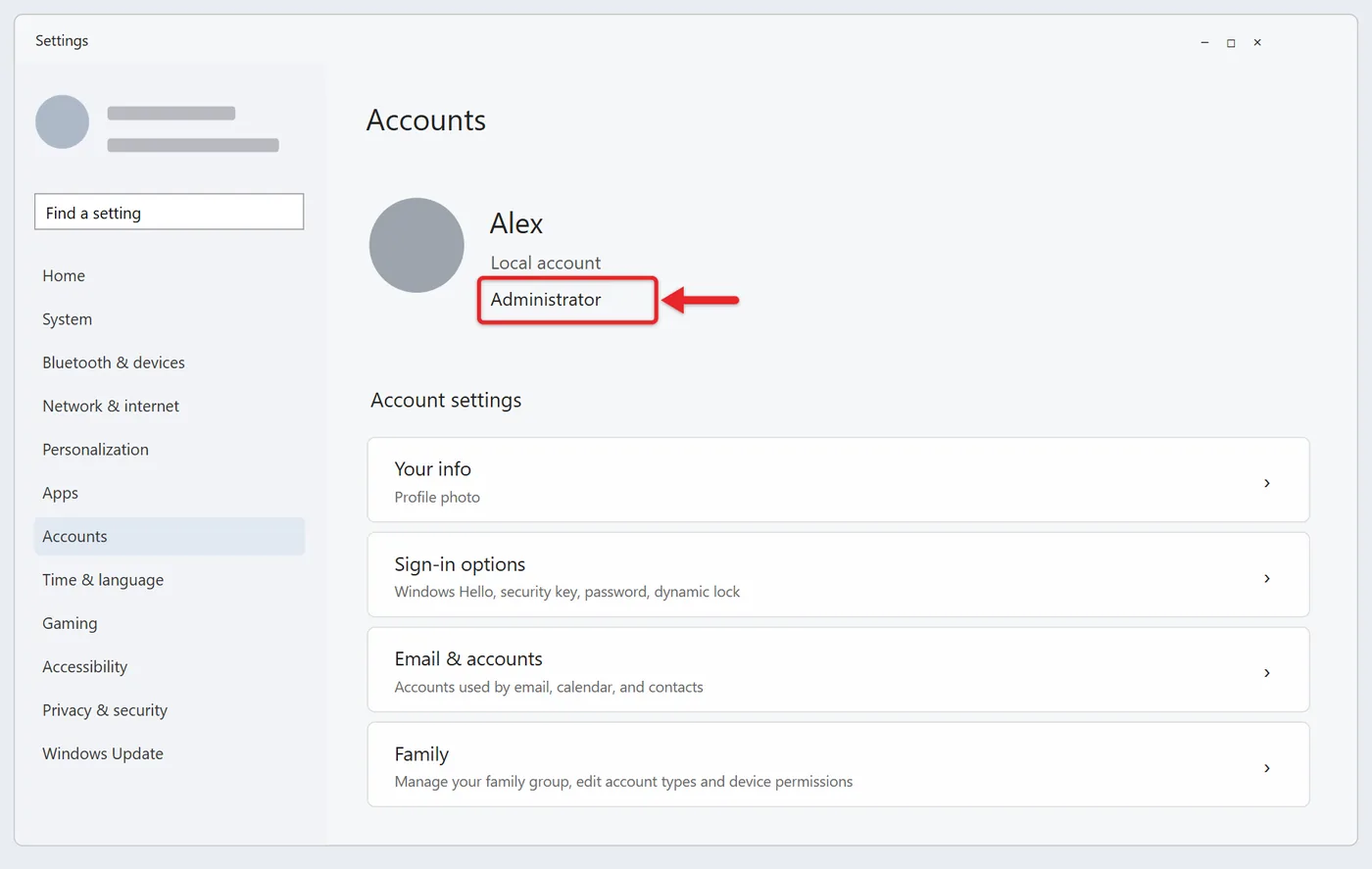 How to Check if I Have Admin Rights on Windows 11 1 Windows 11 Settings Accounts page with the Administrator label under the account name