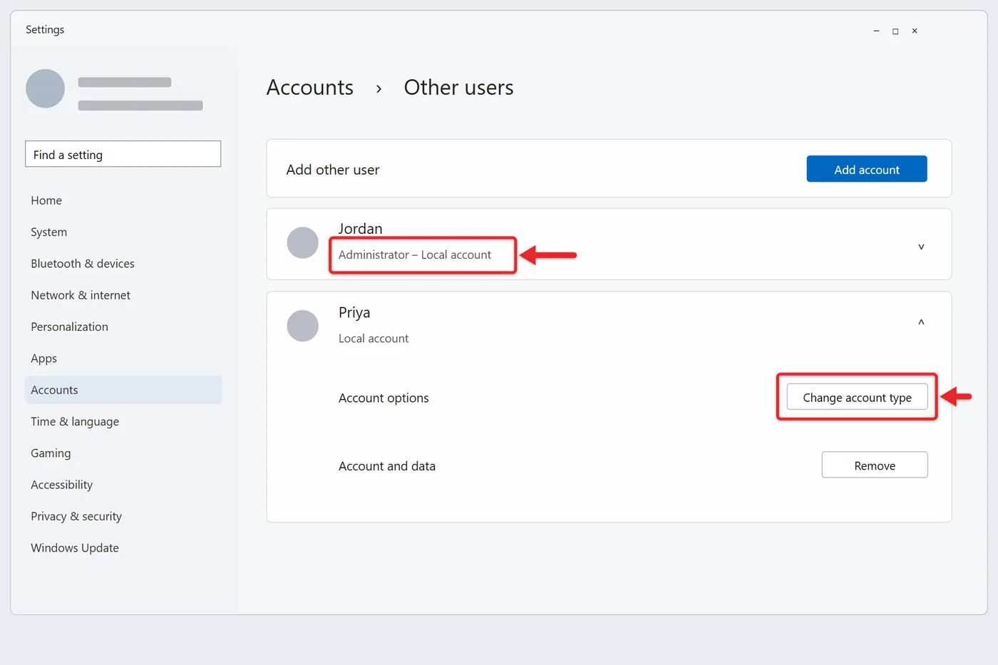 How to Check if I Have Admin Rights on Windows 11 2 Other users page in Windows 11 Settings showing one administrator account and an expanded standard account with the Change account type button