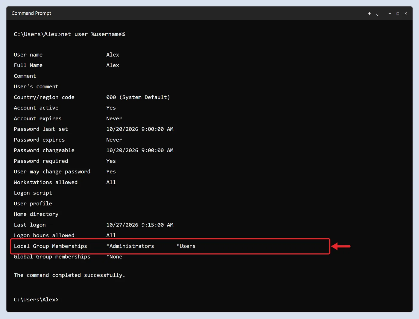 How to Check if I Have Admin Rights on Windows 11 3 Command Prompt output of net user with Local Group Memberships listing Administrators
