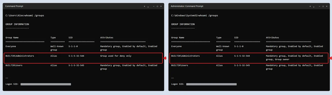 How to Check if I Have Admin Rights on Windows 11 4 whoami /groups output in a normal and an elevated Command Prompt showing the BUILTIN Administrators attributes