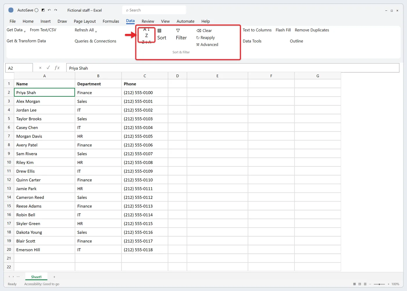 How to Put Excel in Alphabetical Order 1 Excel Data tab with the Sort A to Z button highlighted in the Sort and Filter group