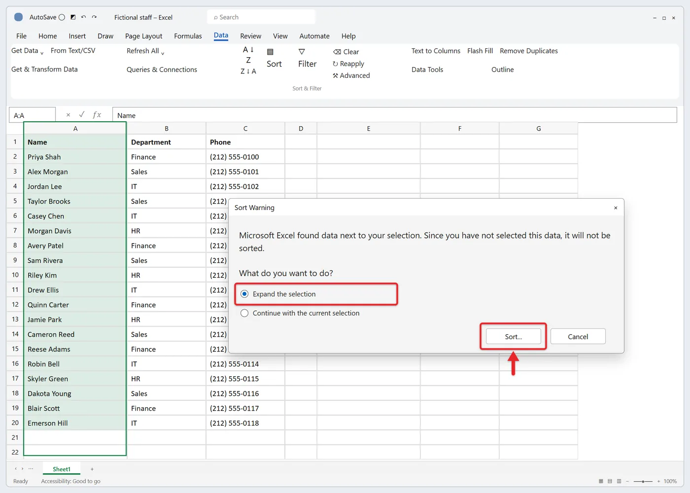 How to Put Excel in Alphabetical Order 2 Excel Sort Warning dialog with Expand the selection chosen
