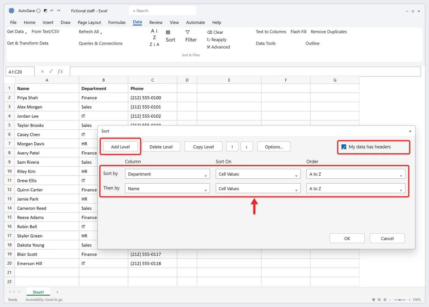 How to Put Excel in Alphabetical Order 3 Excel Sort dialog with two levels, Department then Name, both A to Z
