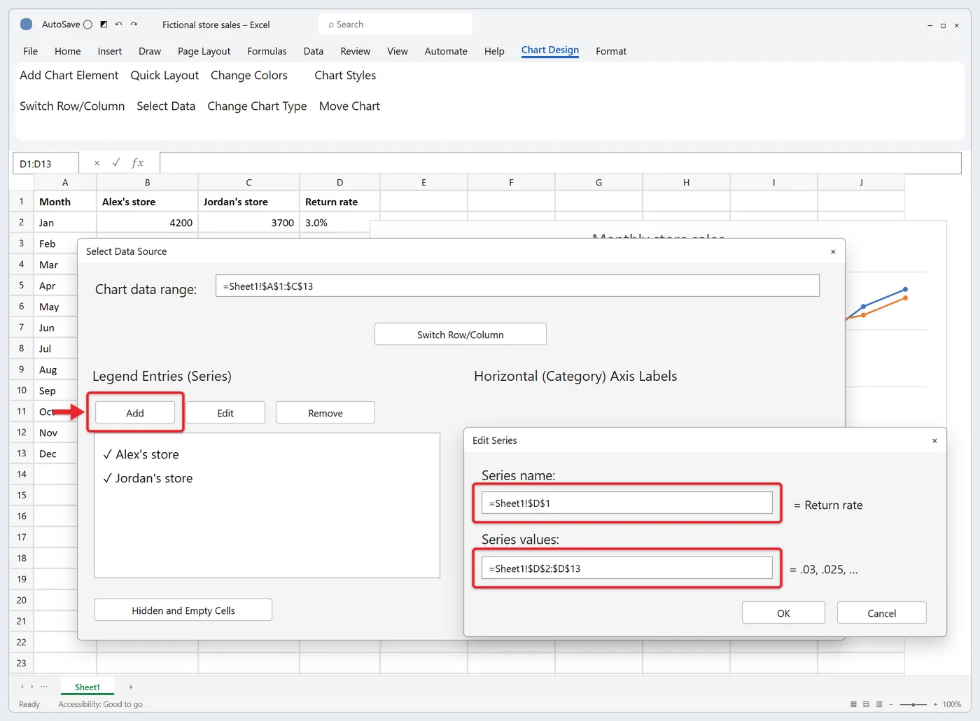 How to Add Multiple Data Sets to a Graph in Excel 2 Select Data Source and Edit Series dialogs in Excel with series name and values filled in