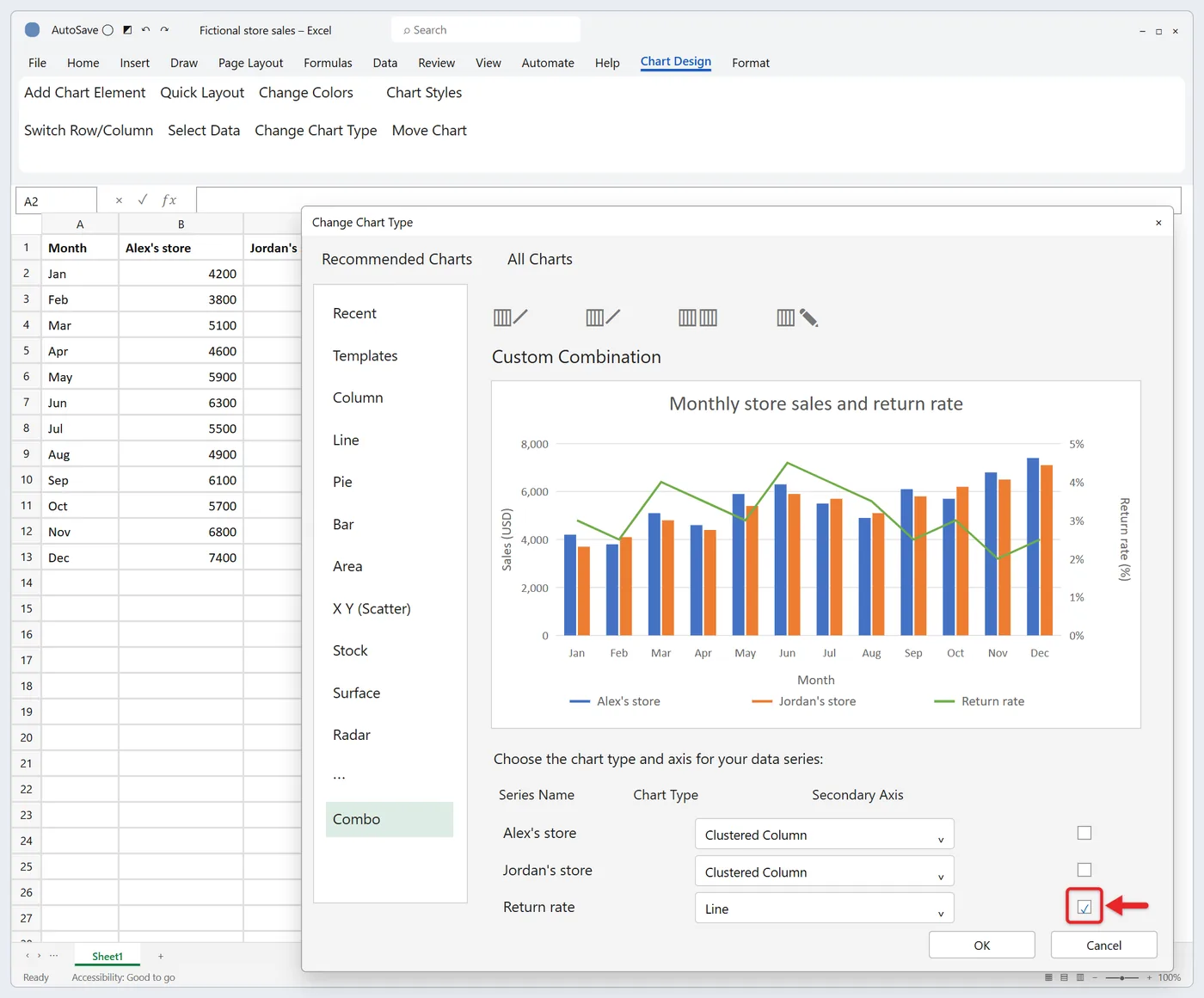 How to Add Multiple Data Sets to a Graph in Excel 3 Excel Change Chart Type dialog with Combo selected and Secondary Axis ticked for one series