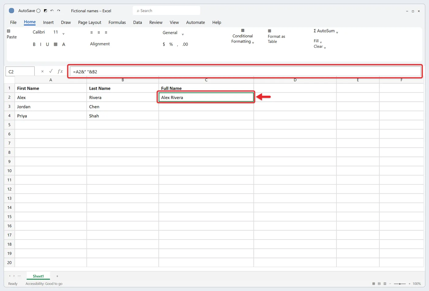 How to Merge First Name and Last Name in Excel 1 Excel formula bar showing =A2&" "&B2 with Alex Rivera displayed in cell C2