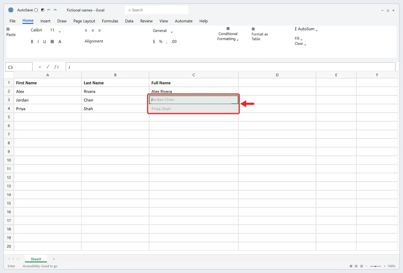 How to Merge First Name and Last Name in Excel 2 Gray Flash Fill preview suggesting full names down column C after typing the first example