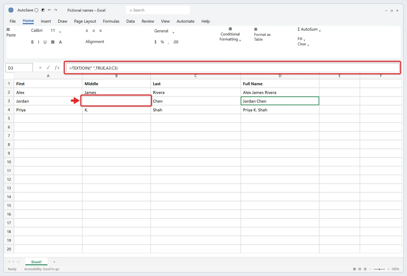How to Merge First Name and Last Name in Excel 3 TEXTJOIN formula returning Jordan Chen while skipping the empty middle-name cell