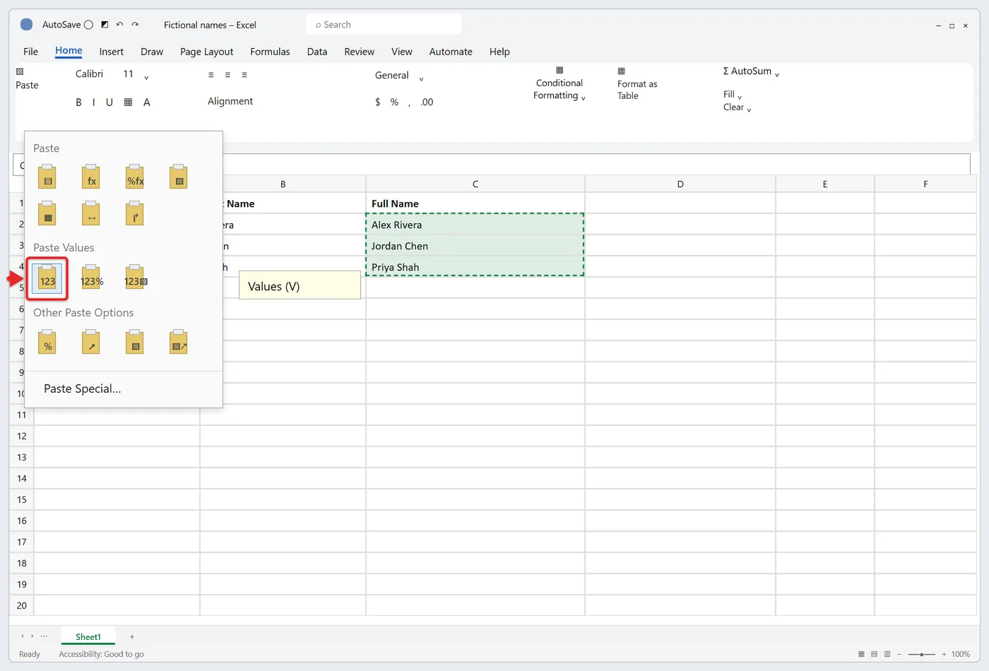 How to Merge First Name and Last Name in Excel 4 Home tab Paste menu open with the Paste Values option highlighted