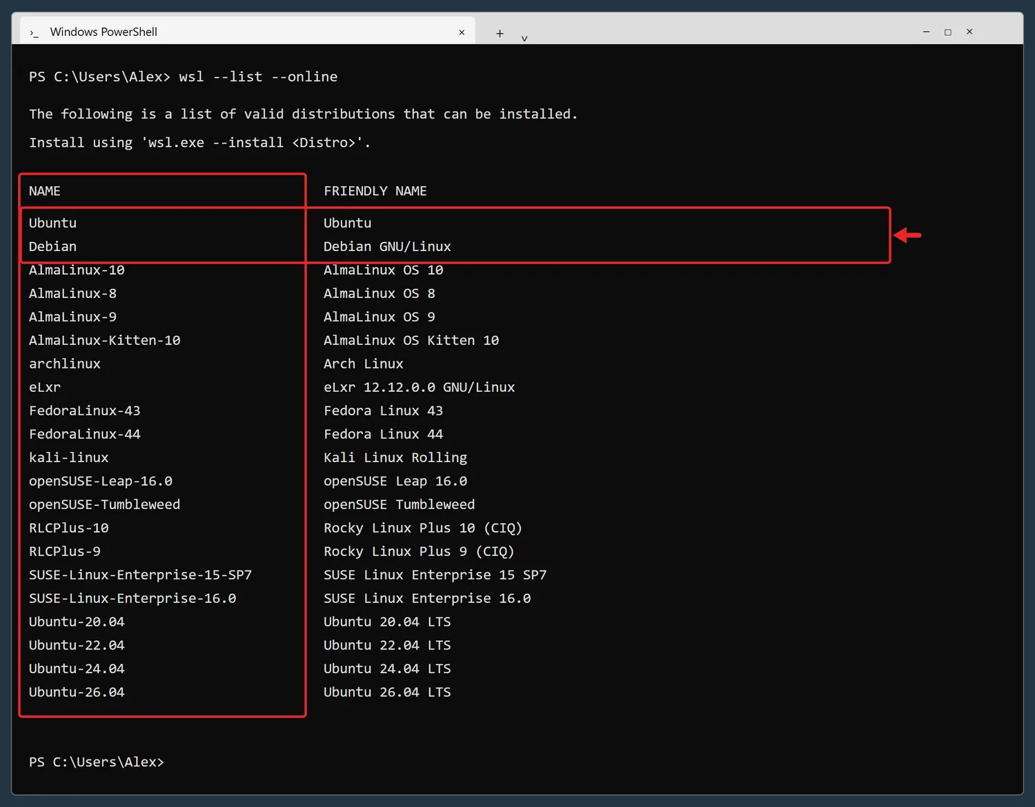 How to Install Linux on Windows 11 4 Output of wsl --list --online listing available Linux distributions by name