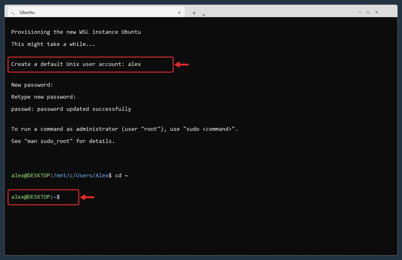 How to Install Linux on Windows 11 3 Ubuntu console on first launch asking for a new Linux username and password