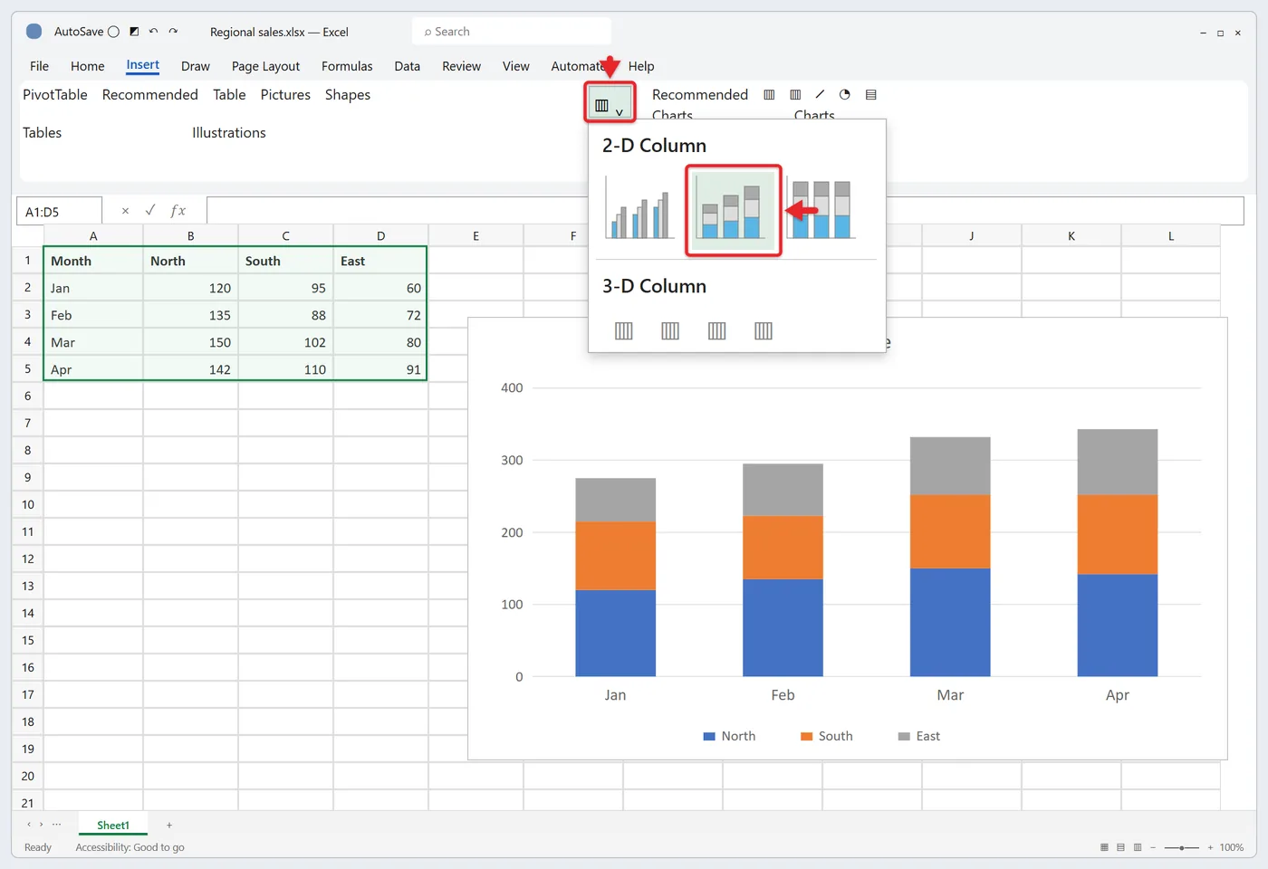 How to Make a Stacked Column Chart in Excel 1 Excel Insert tab with the Insert Column or Bar Chart menu open and Stacked Column highlighted under 2-D Column