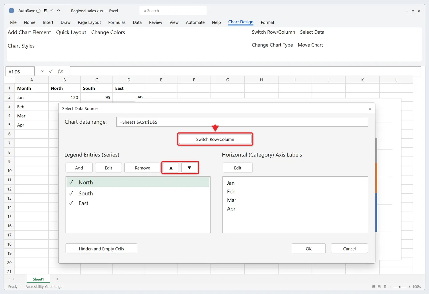 How to Make a Stacked Column Chart in Excel 2 Select Data Source dialog in Excel with a series selected and the Move Up and Move Down arrows highlighted