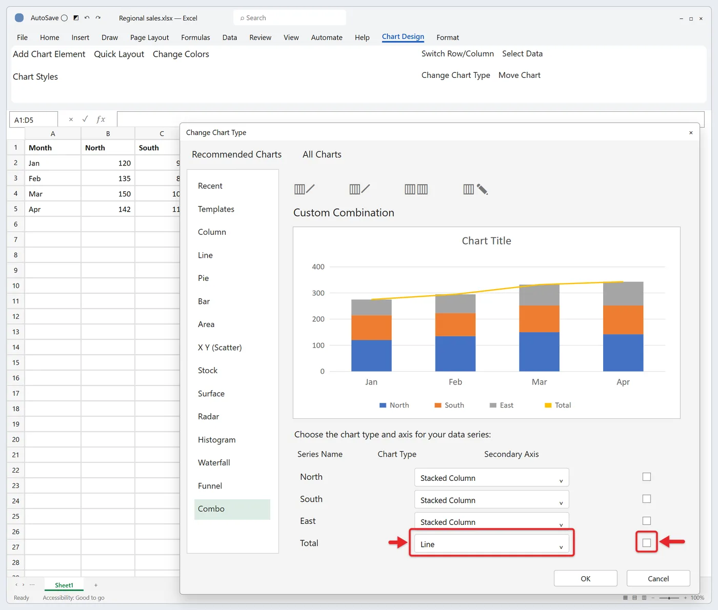 How to Make a Stacked Column Chart in Excel 3 Excel Change Chart Type dialog in Combo view with the Total series set to Line and the regions set to Stacked Column