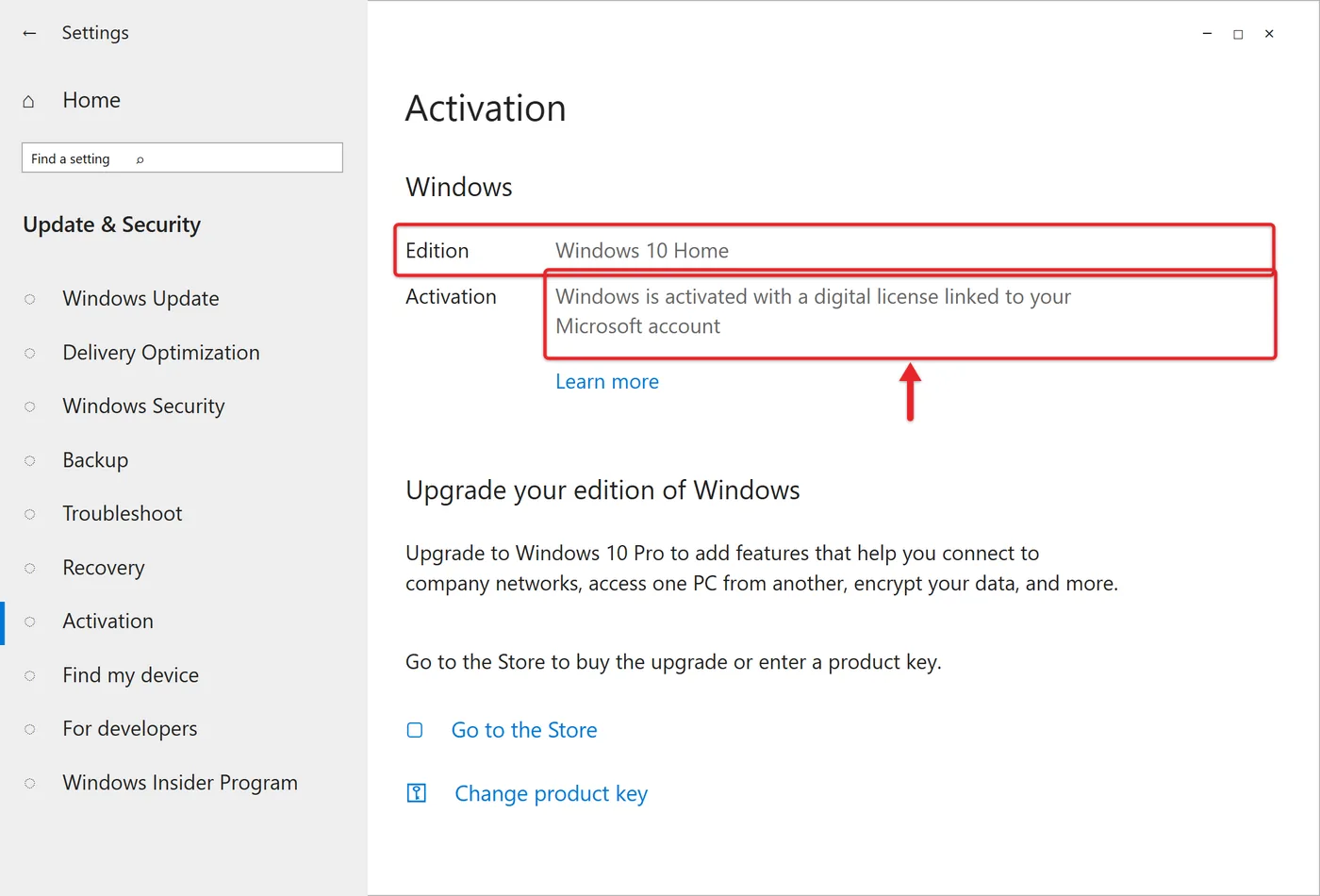 How to Find Your Digital License Windows 10 1 Windows 10 Activation page in Settings showing the edition and that Windows is activated with a digital license linked to a Microsoft account