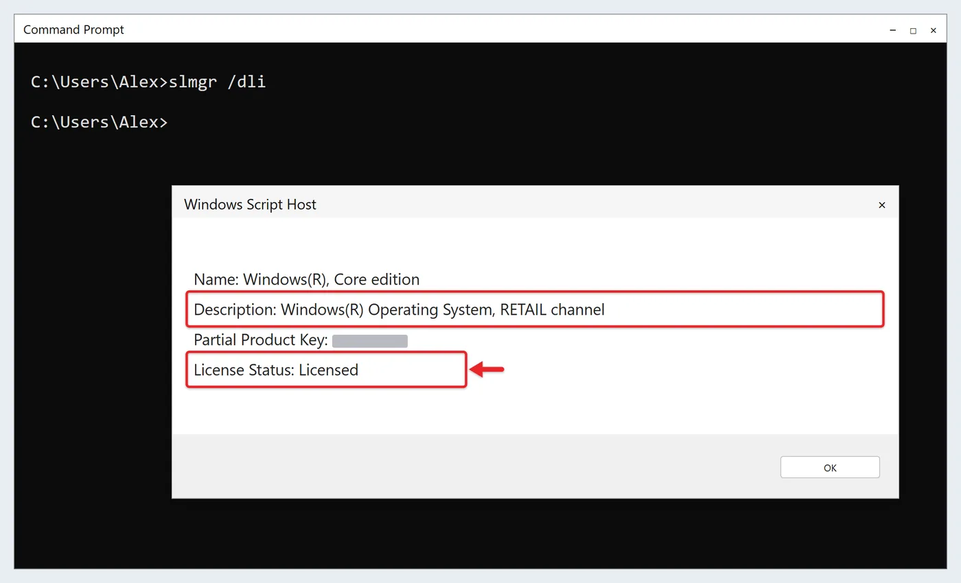 How to Find Your Digital License Windows 10 2 Windows Script Host box from slmgr /dli showing the license description, channel and Licensed status
