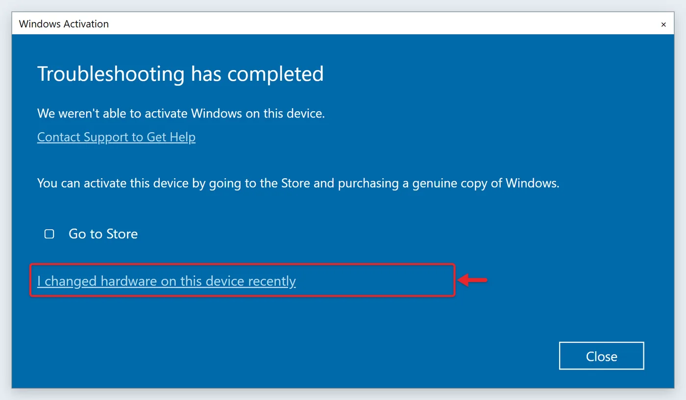 How to Find Your Digital License Windows 10 3 Windows 10 Activation troubleshooter with the I changed hardware on this device recently option highlighted