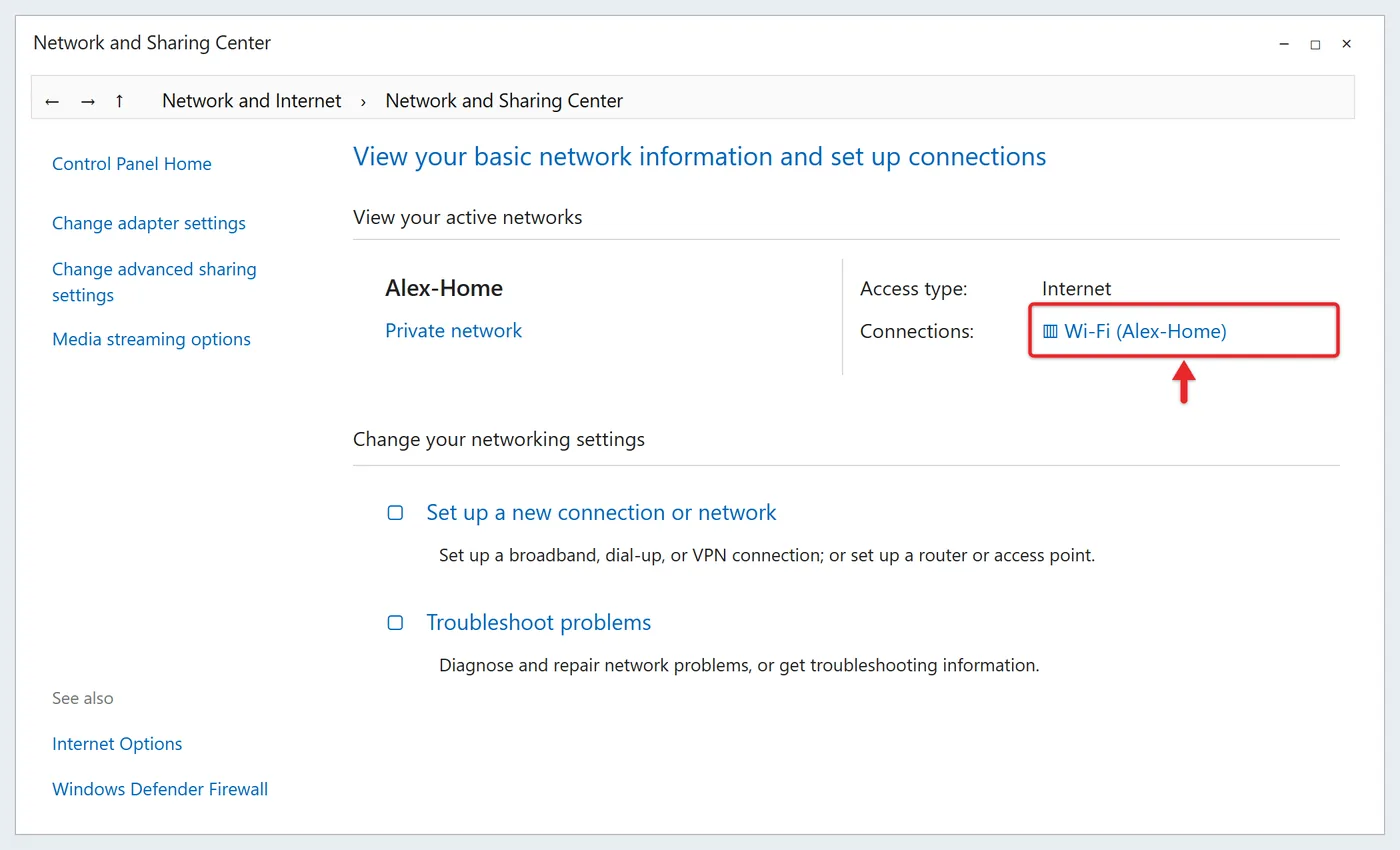 How to Find Your Network Password on Windows 10 1 Network and Sharing Center in Windows 10 with the Wi-Fi connection link next to Connections highlighted