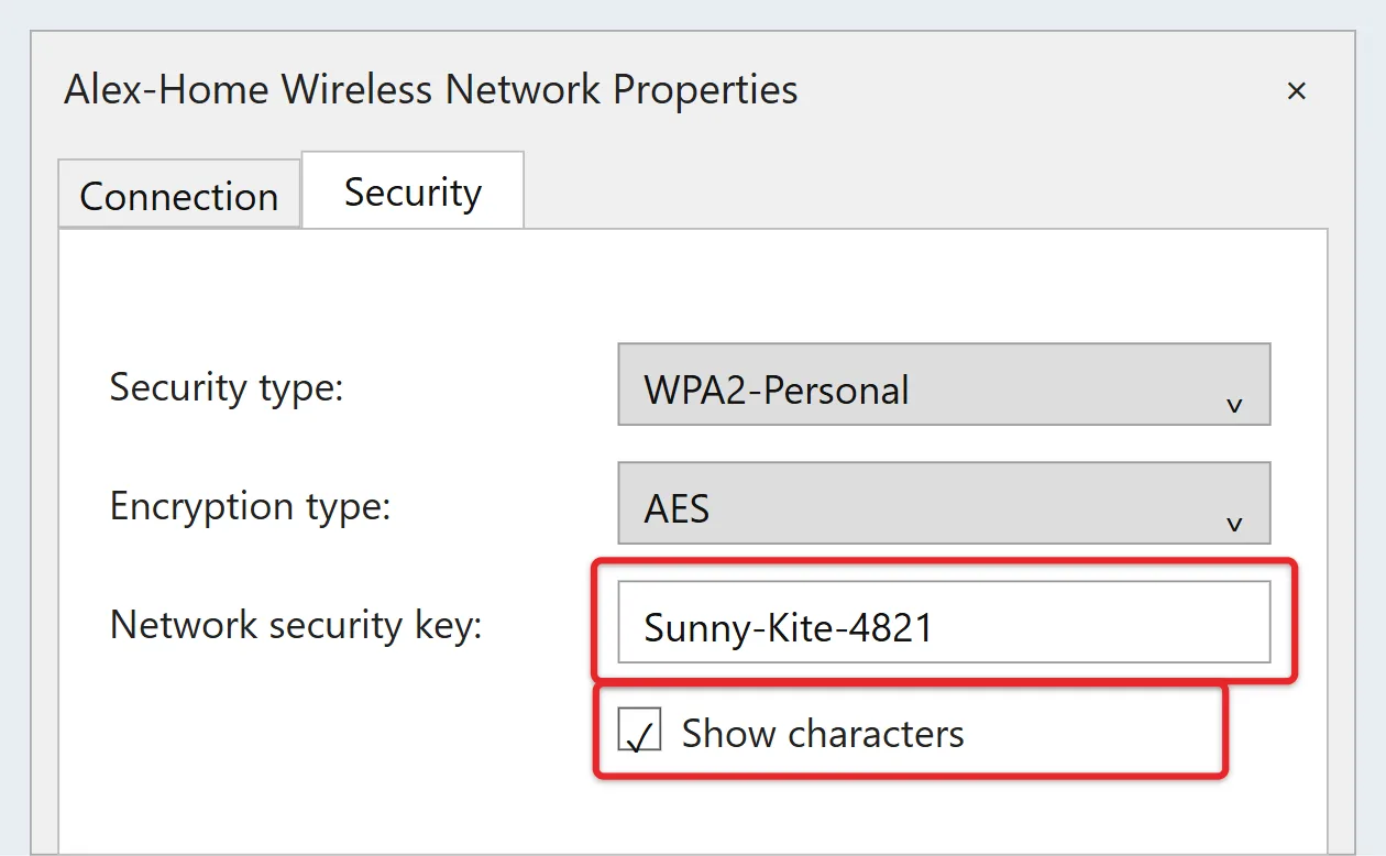 How to Find Your Network Password on Windows 10 2 Security tab of Wireless Network Properties in Windows 10 with Show characters checked and the network security key visible