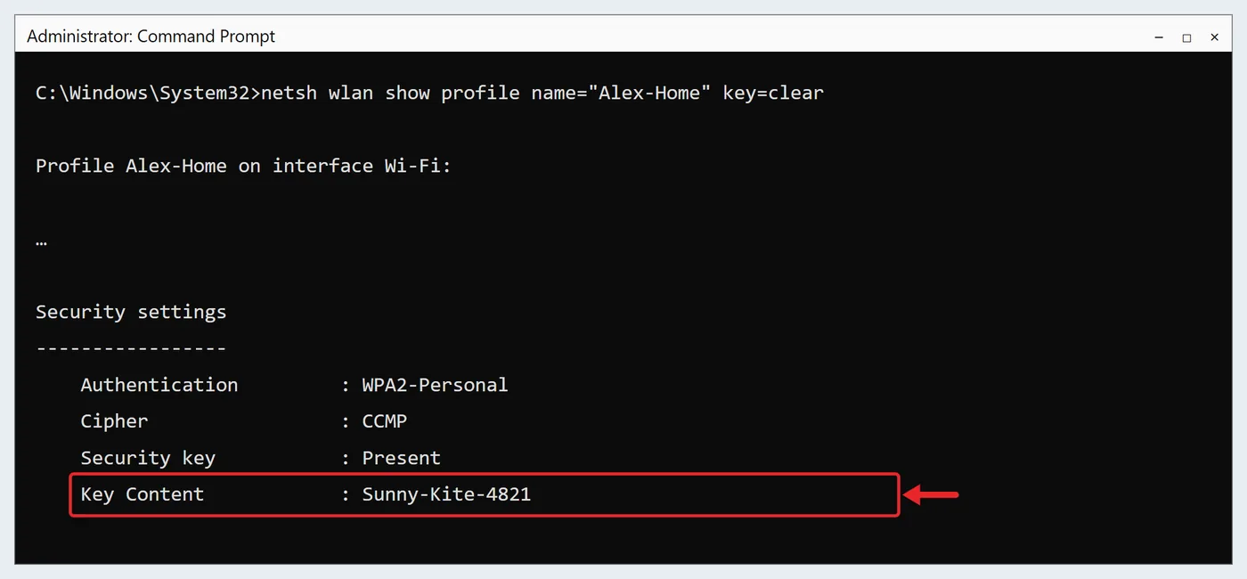 How to Find Your Network Password on Windows 10 3 Command Prompt output of the netsh show profile command with the Key Content line highlighted under Security settings