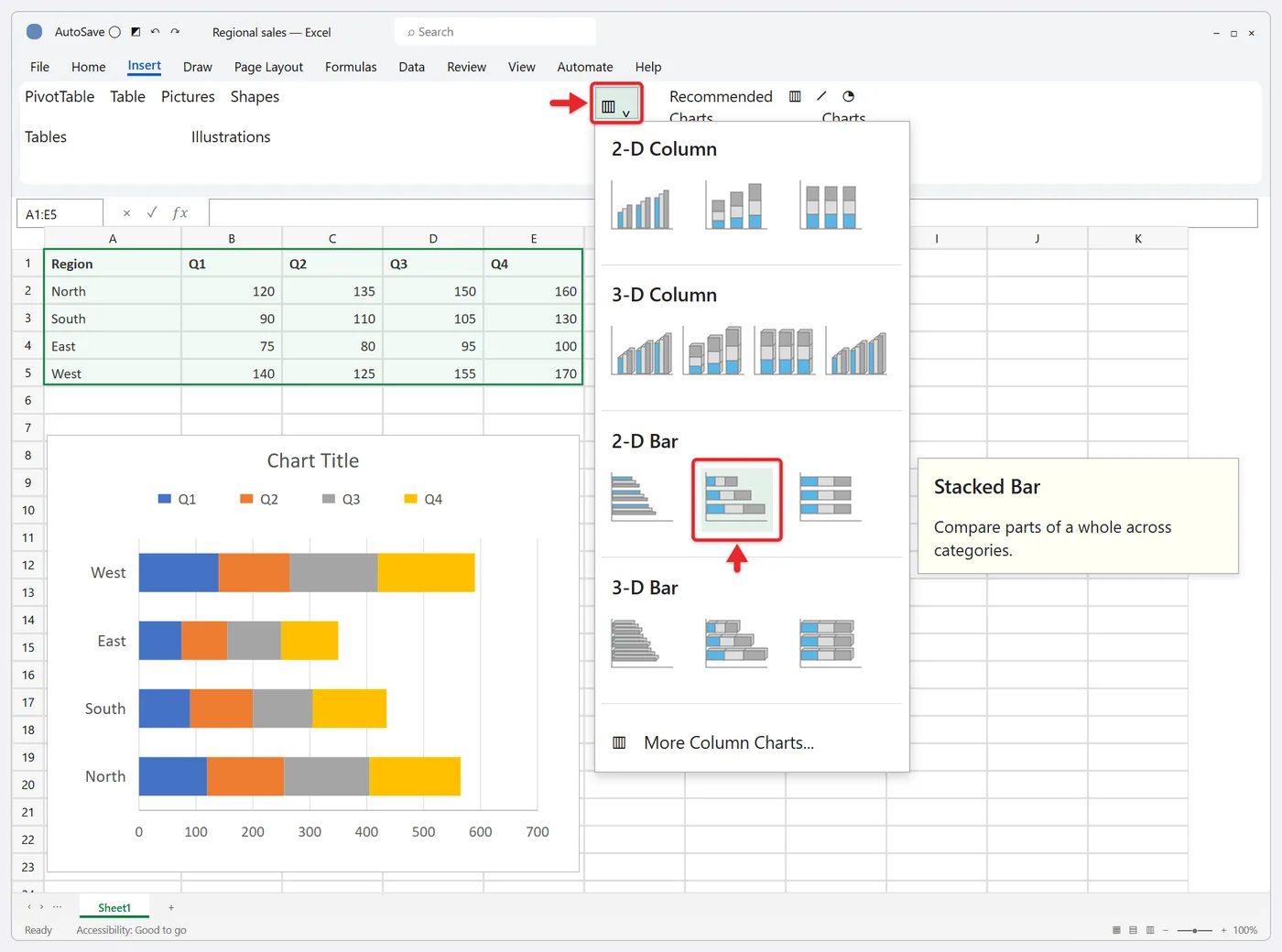 How to Create a Stacked Bar Chart in Excel 1 Excel Insert tab with the Insert Column or Bar Chart menu open and Stacked Bar highlighted under 2-D Bar