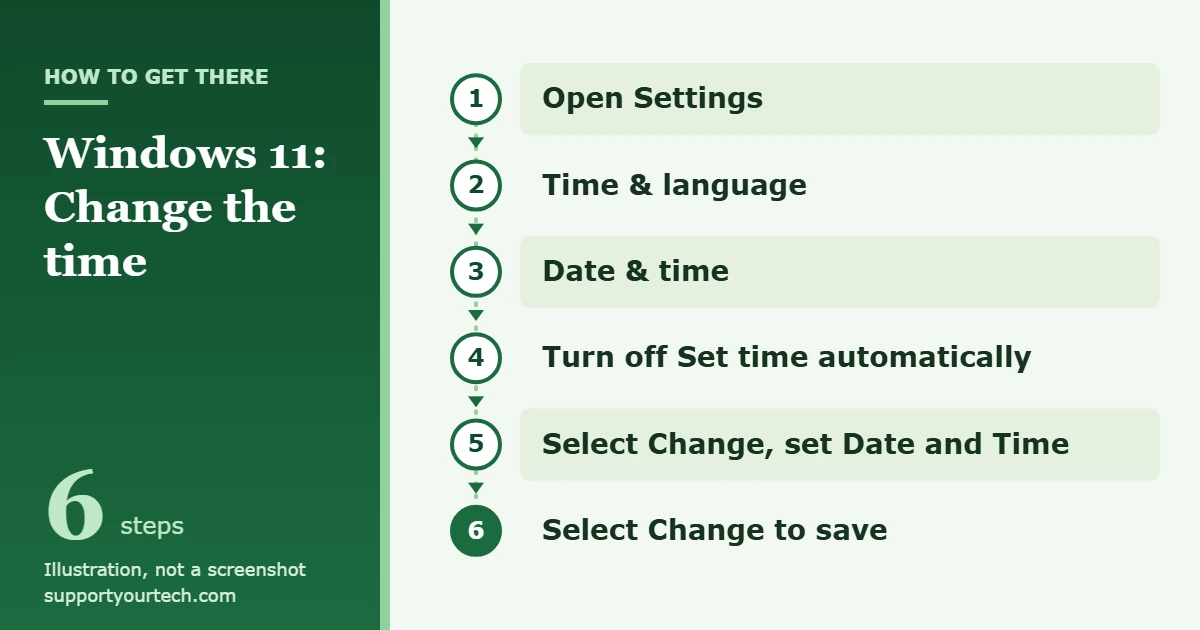 How to Change the Time in Windows 11 1 Illustration of the Windows 11 path to change the time: Settings, Time and language, Date and time, turn off Set time automatically, then Change