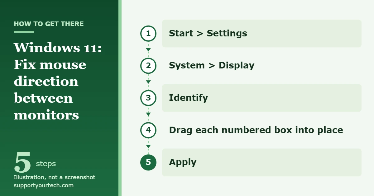 How to Change Mouse Direction on Dual Monitors in Windows 11 1 Illustration of the Windows 11 path Start, Settings, System, Display, Identify, drag display boxes, Apply