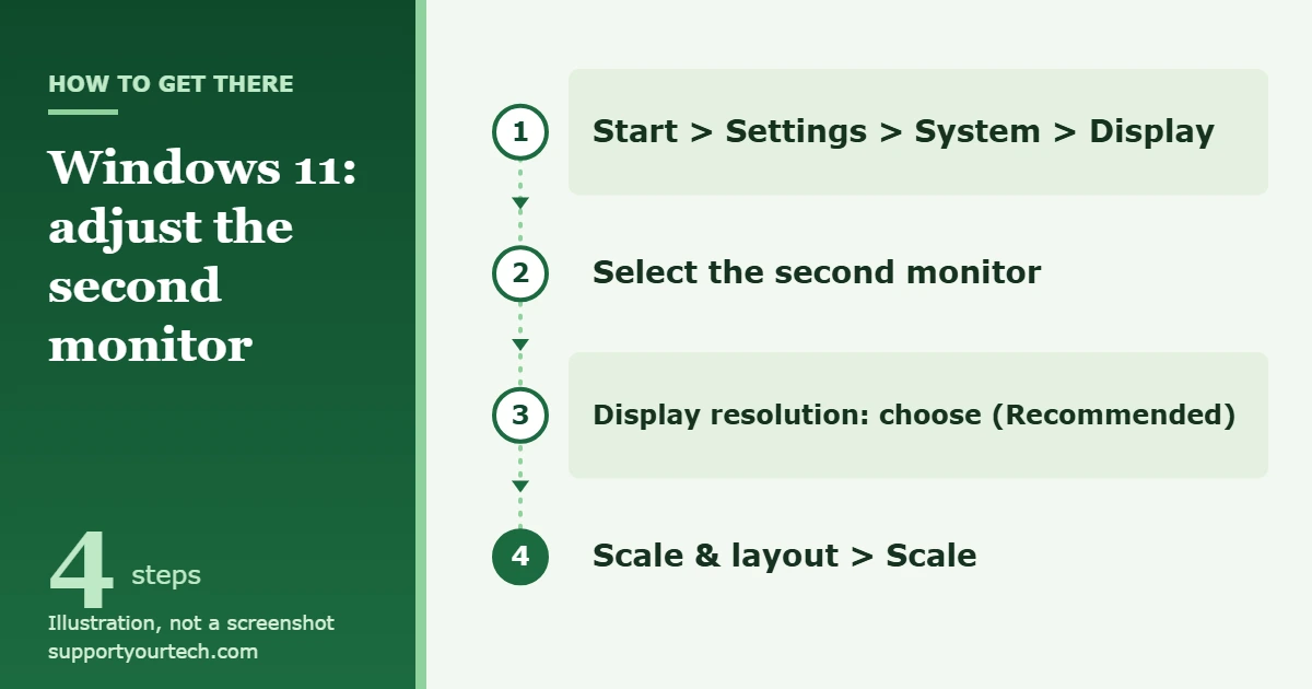 How to Adjust Screen Size on a Second Monitor in Windows 11 1 Illustration of the Windows 11 path for adjusting a second monitor: Start, Settings, System, Display, select the second monitor, Display resolution, then Scale