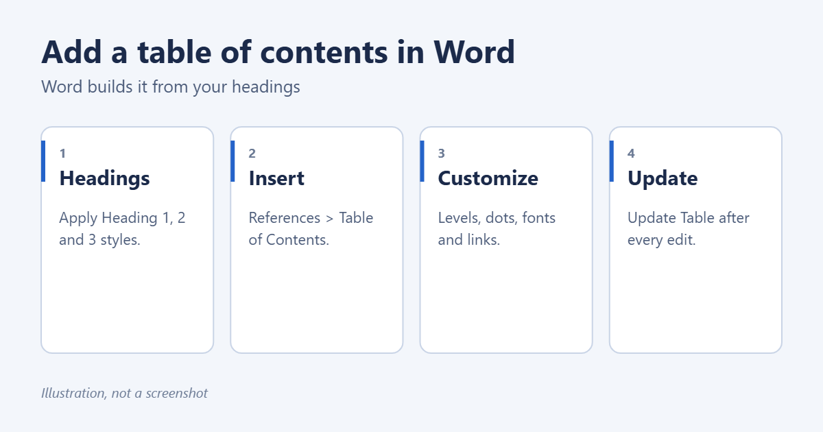 How to Add a Table of Contents in Word 1 How to add a table of contents in Microsoft Word
